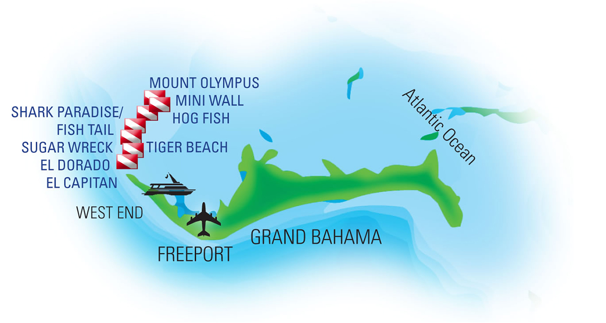 Bahamas Tiger Beach safari, kart av Aggressor Liveaboard & Adventures